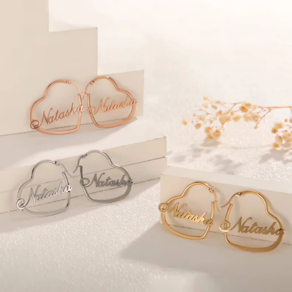 

LeeChee Heart Earloop Custom Name Stainless Steel Earrings 30mm Heart Earrings Jewelry Birthday Gift For Girls