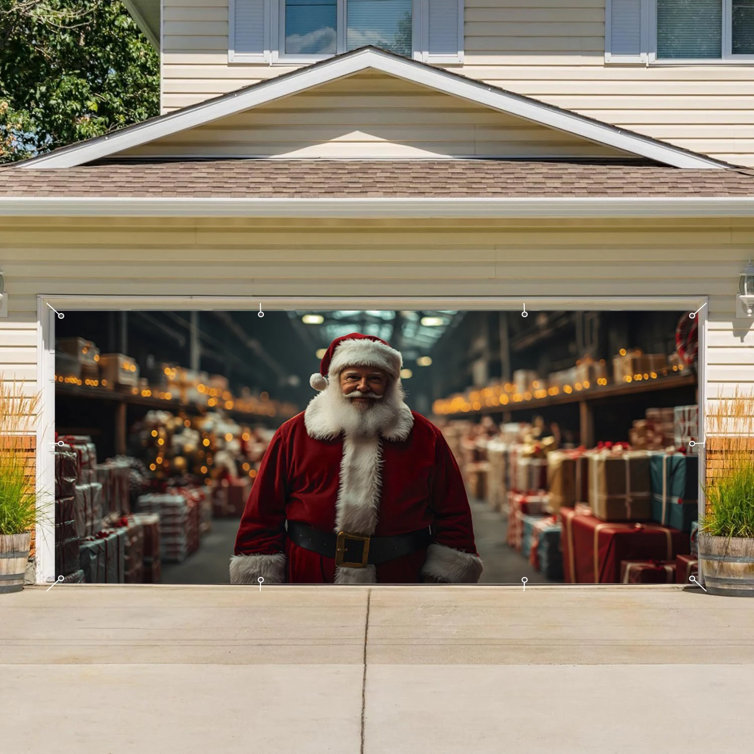 Winter Christmas Garage Door Decoration Banner Santa Claus Gifts Warehouse Large Outdoor Xmas Party Background for Photography