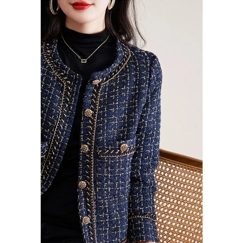 Vintage Cropped Tweed Jacket Women Blazer Korean Chic Single-breasted Long Sleeve Plaid Coat Spring Autumn Suit Outerwear New