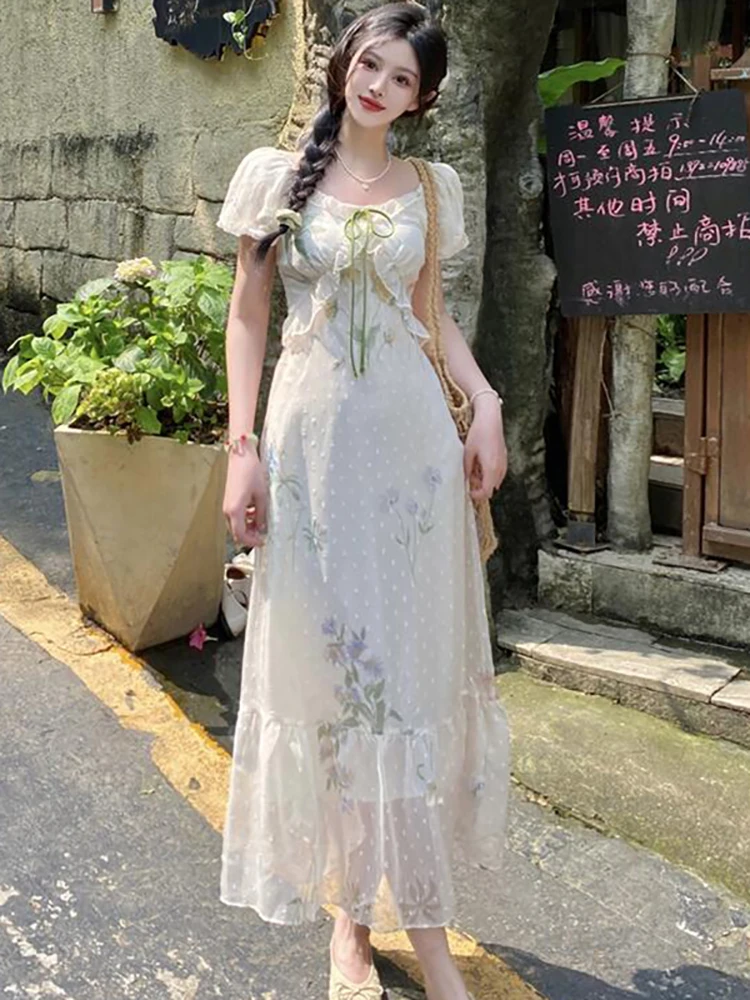 2025 Boho Floral Puff Sleeve Bow Square Collar Dress Women Elegant Casual Ruffled Beach Dress Summer Korean Bodycon Party Dress