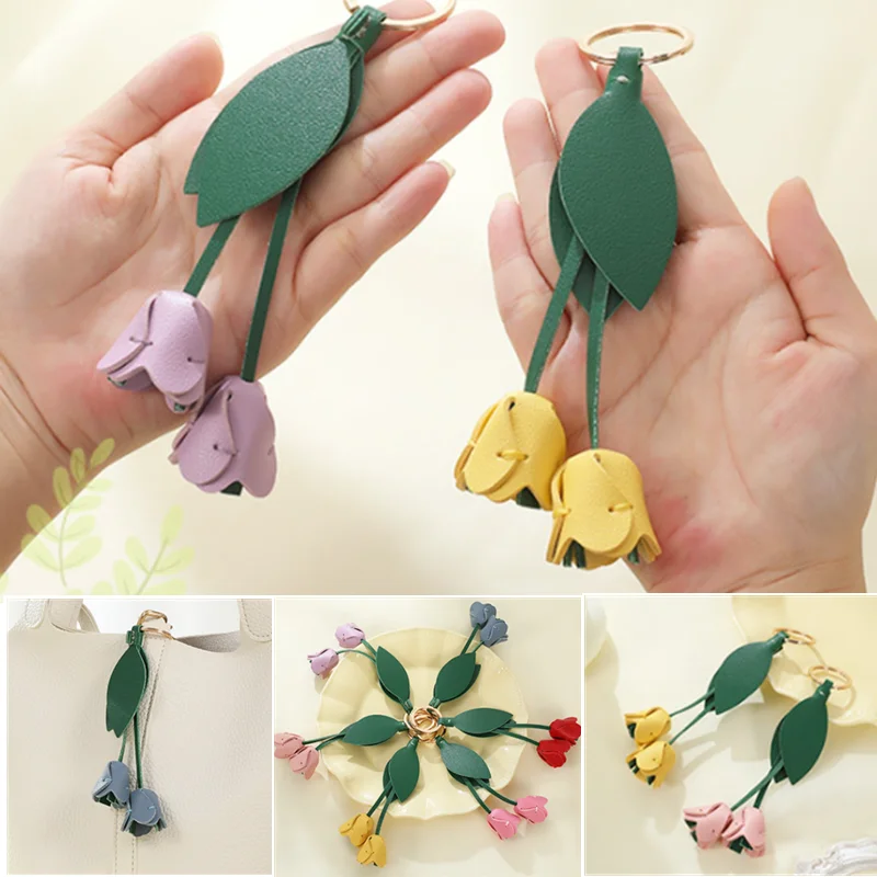 

Leather Tulip Flower Shaped Bag Genuine Leather Rope Women's Tulip Bag Pendant Car Keychain Hand Rope Accessories Ladies Gift