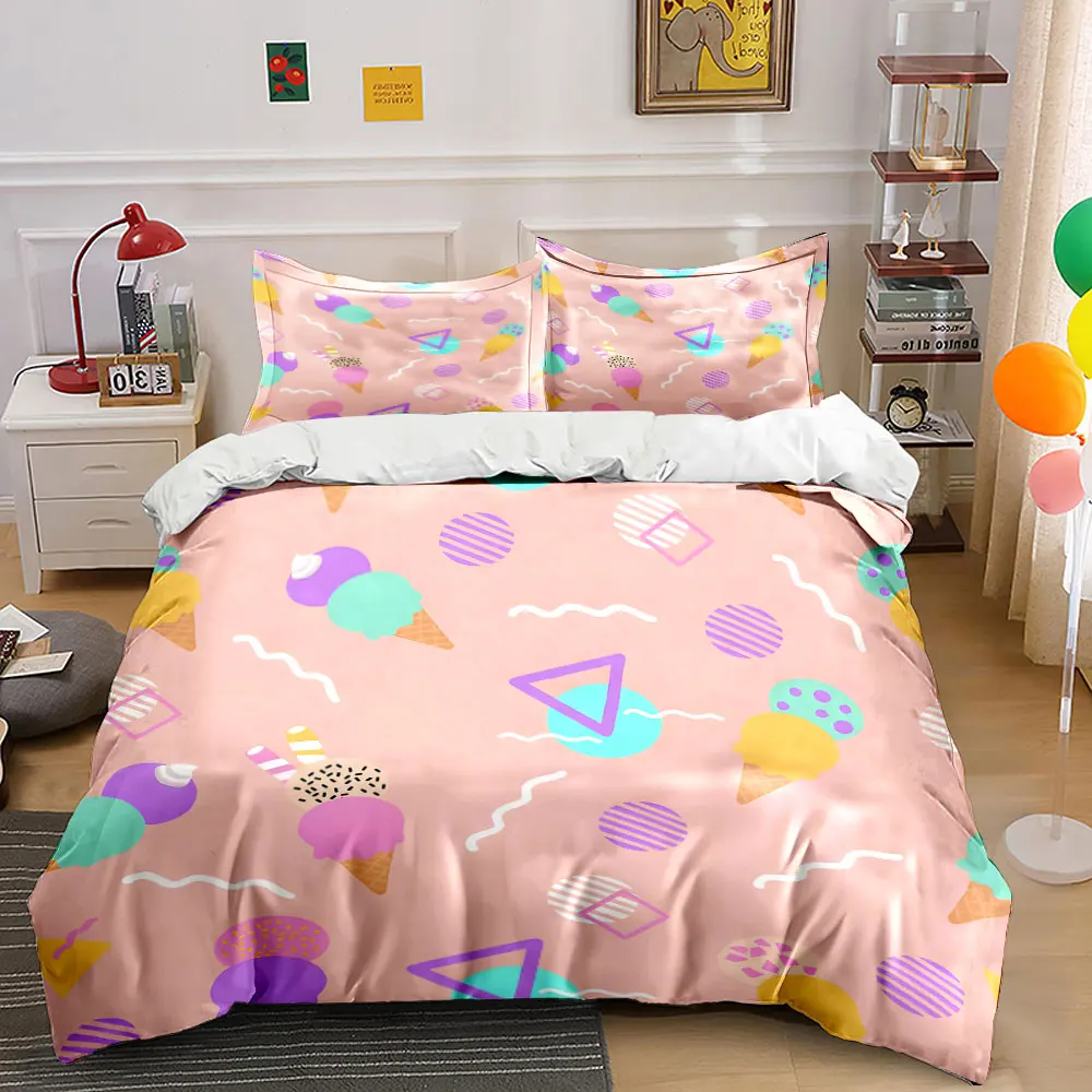 Sweet Summer Ice Cream and Geometric Print Bedding set 3PC 1 duvet cover 2 pillowcases adult and children bedding set