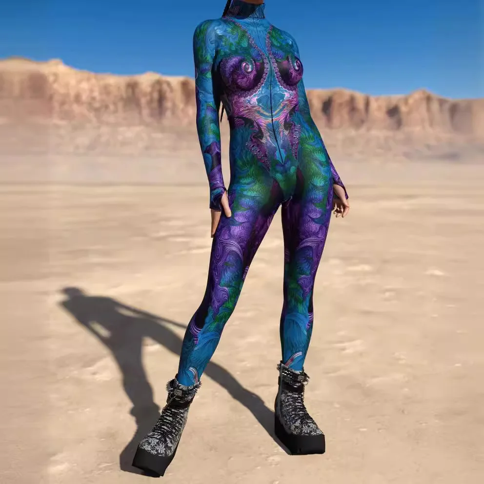

Halloween Holiday Party Colorful 3D Printing Cyber Punk Rainbow Jumpsuit Cosplay Costume Elastic Bodysuits Rompers Women Zentai