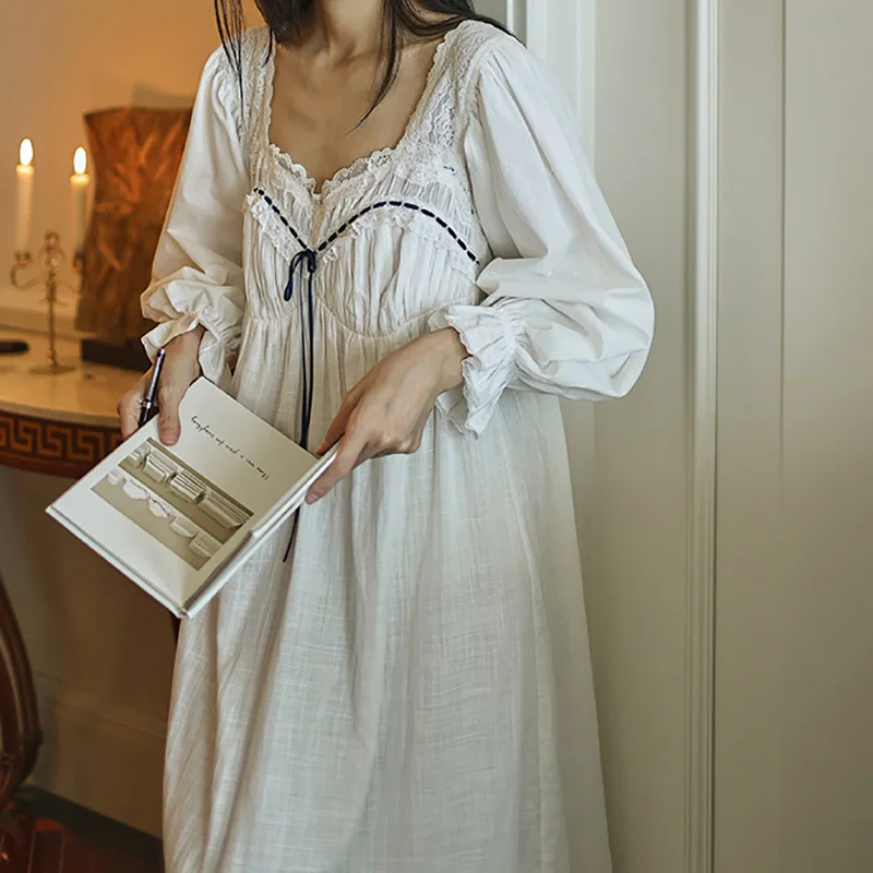 

Imitation Linen White Cotton European Classical Fairy Nightgown French Girl Retro White Pajama Women Spring Autumn Sleepwear