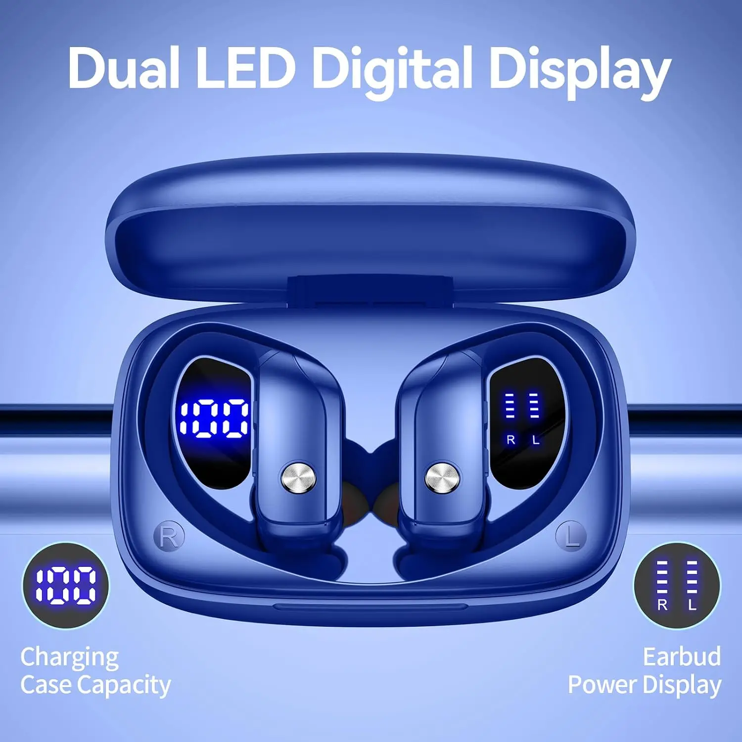 Wireless Earbuds with 80H Playtime LED Display Case, Over-Ear Hook, Stereo Sound, Easy Button Controls, Sports Earphones for Running Workout Gym Blue view 3