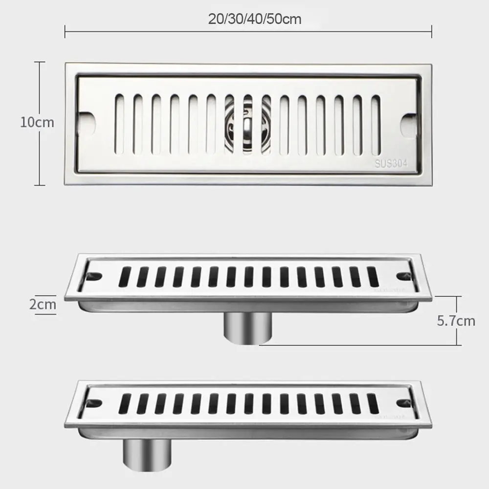 20/30/40/50cm Stainless Steel Shower Floor Drain Bathroom Rectangle Linear Floor Drainage Floor Drain with Strainer Cover