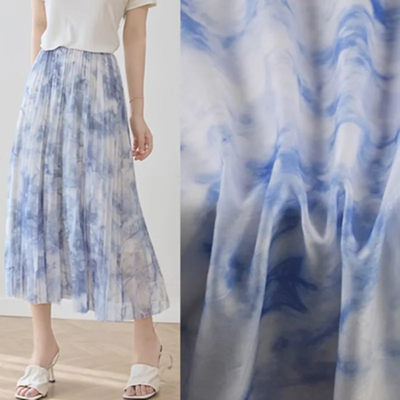 Chiffon Fabric for Shirt Dress, Water Ink Blue or Black Smudge Print, Thin, Soft, Transparent, Spring, Summer, T2047