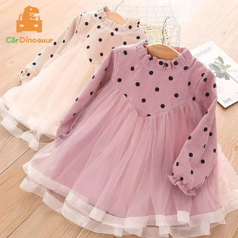 Winter Warm 2 3 4 6 8 10 Year Children Lace Patchwork Dot Print Crew Neck Winter Thickening A-LINE Kids Baby Girl Dress