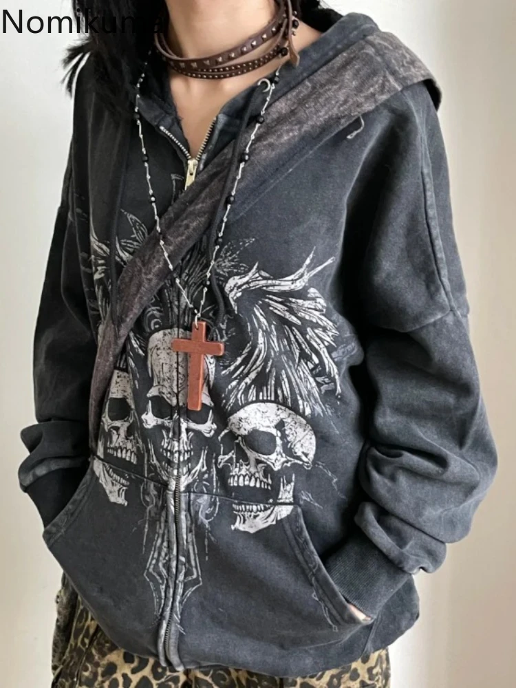 Harajuku Y2K Hoodies Streetwear Skull Print Zipper Jackets Long Sleeve Hooded Sweatshirts Casual Fashion Oversized Tops Women