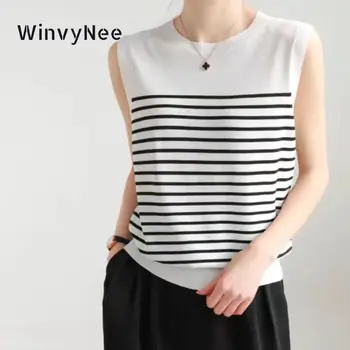 WinvyNee 여성용 100% 코튼 스트라이프 캐미스 조끼, O넥 상의, 기본 의류, 캐주얼 탱크 크롭탑, 여성 풀오버, C1102001