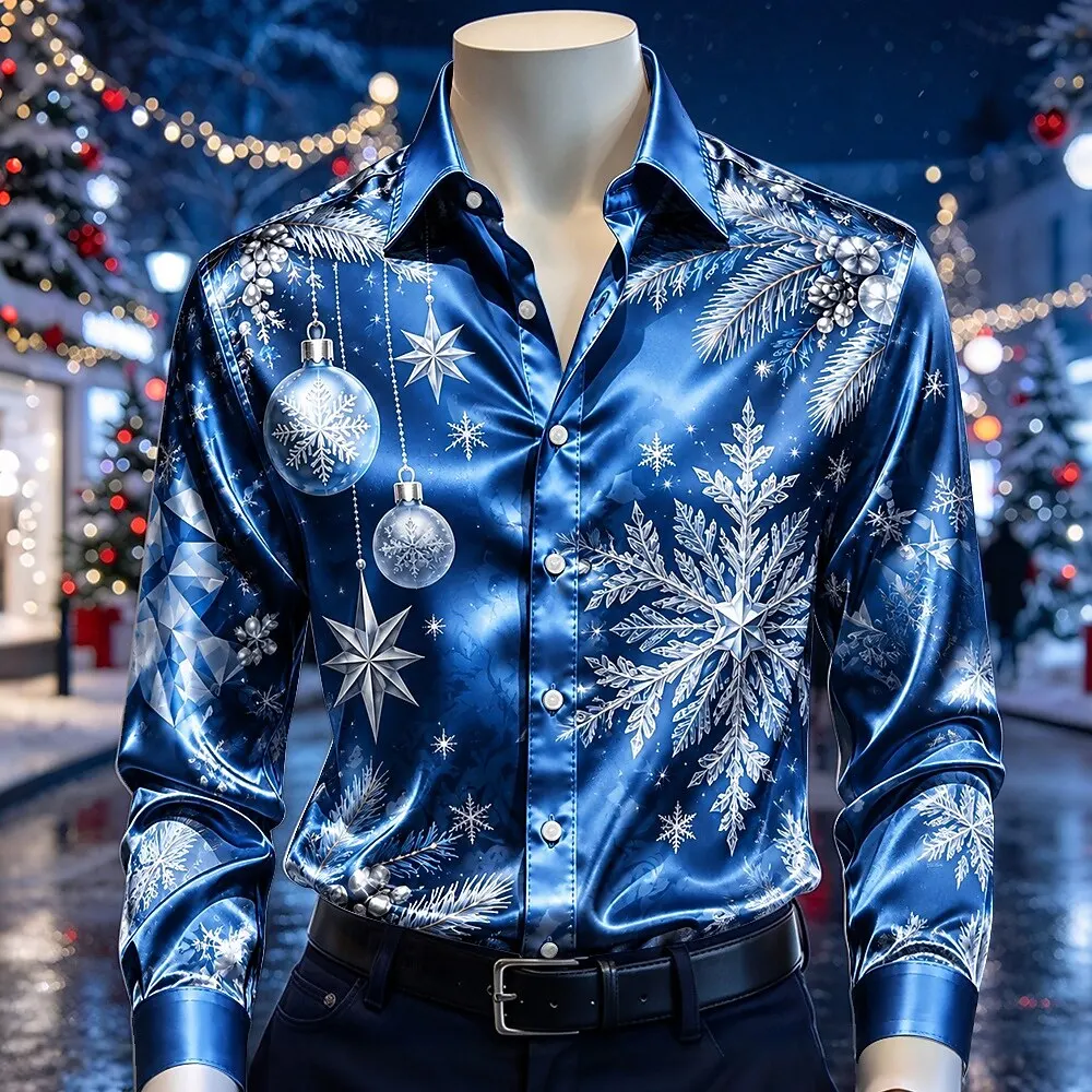 Men Christmas Satin Long Sleeve Shirt, Silver Ornament Star Snowflake Print, Xmas Festival Button Up Shirt
