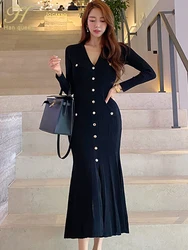 H Han Queen 2024 Stretch Black Single Breasted Mermaid Midi Dress Women Long Sleeve Sweater Dresses Casual Evening Party Vestido