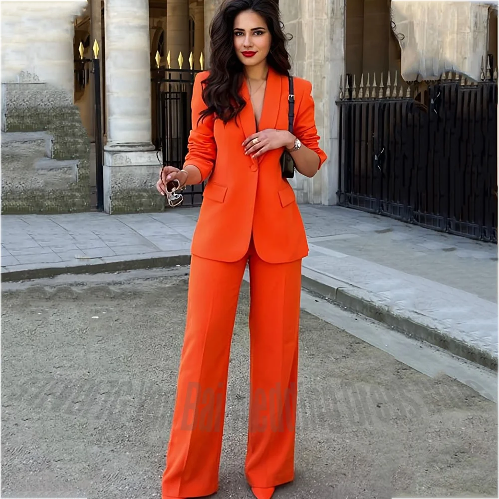 

Orange Solid Color Women's Tailoring Set Single Button Customized Modern Outfit Jacket Pants Two Pieces Office Lady Suit