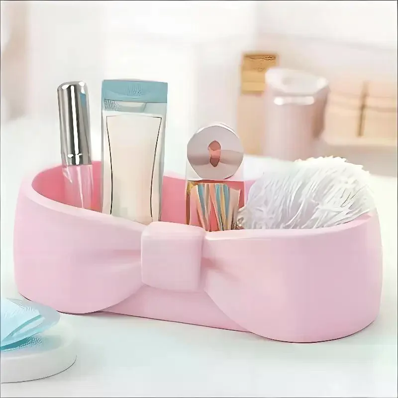 Cute Bow Bathroom Desk Organizer Pink Makeup Desk Tray Cute Toothbrush And Skincare Storage Box
