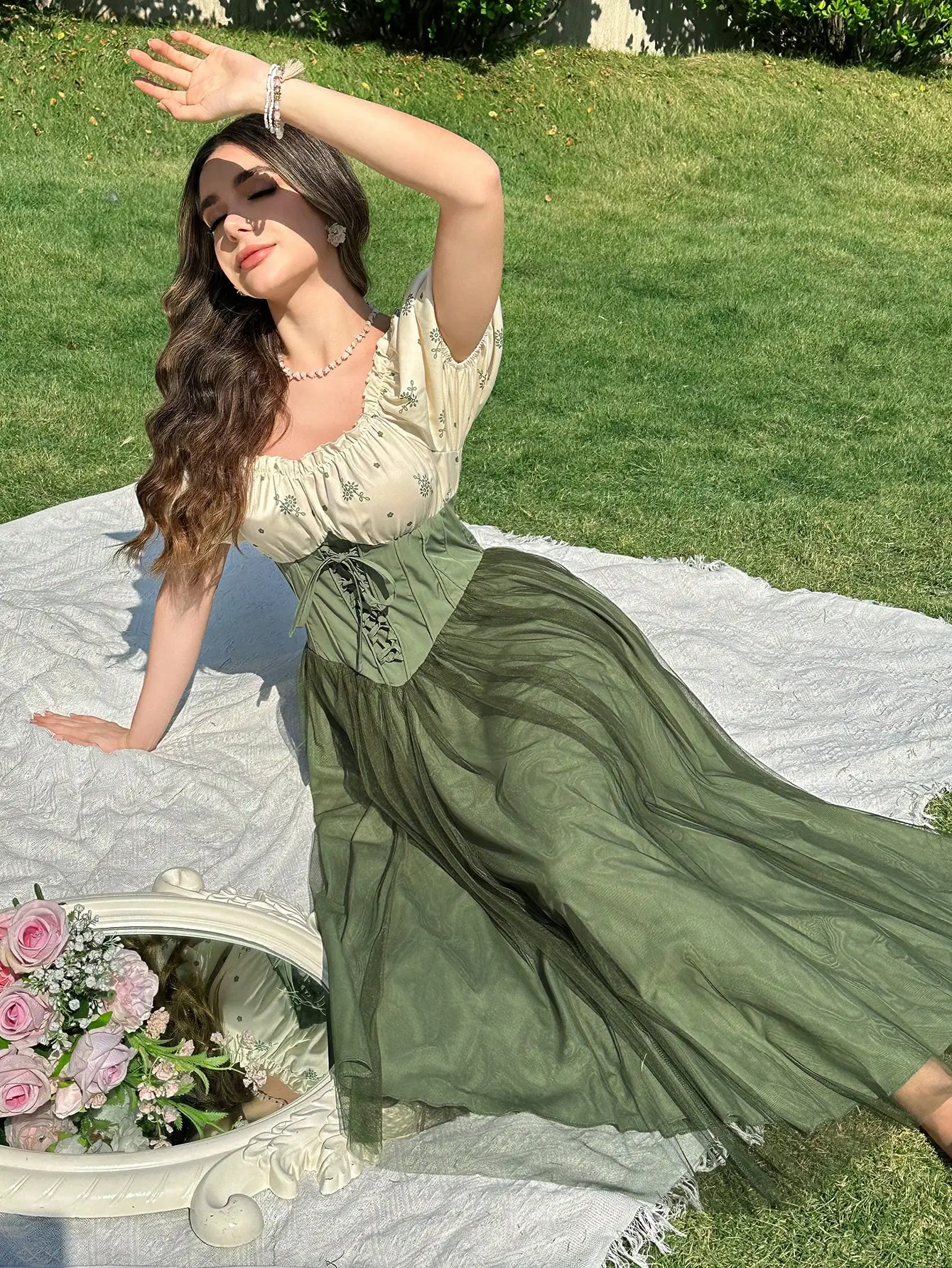 

Women's Maxi Dress with Floral Embroidery, Corset Waist, Mesh Flare Hem