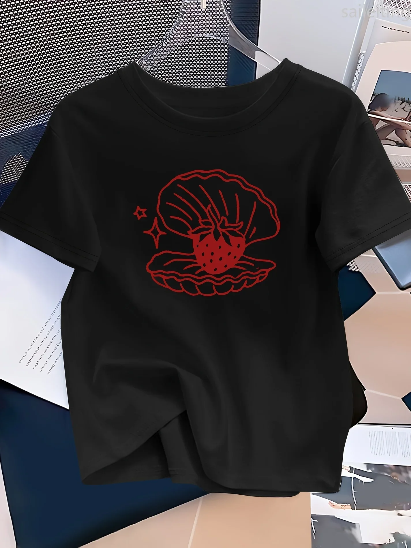 Camisetas غير الرسمية أنيقة con estampado de concha roja y fresa para mujerropa غير رسمية de manga corta Harajuku