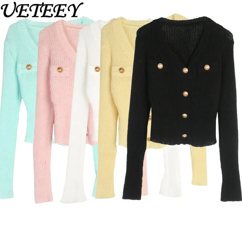 

Socialite Long Sleeve Knitted Cardigan V-Neck Metal Button Short Cardigan Autumn Winter New French Style Solid Color Sweater
