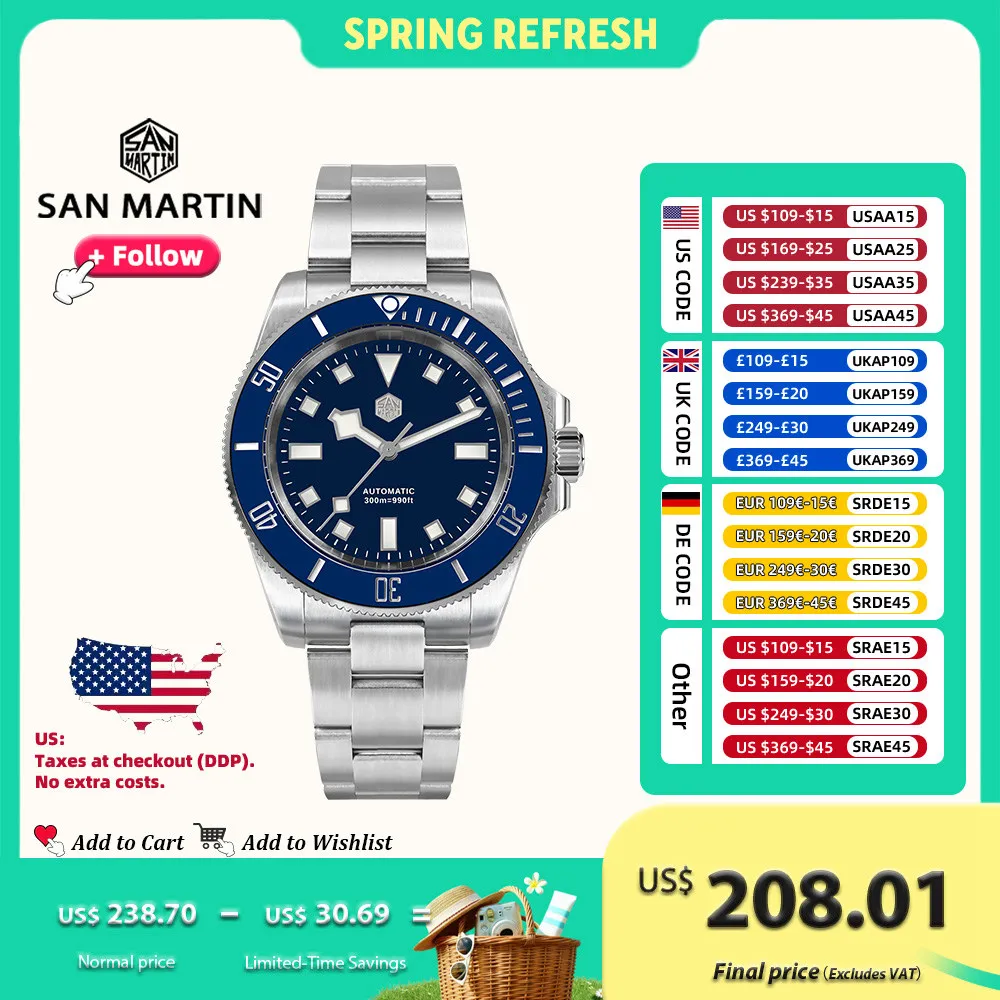 

San Martin 40mm Men Diver Watch Automatic Mechanical NH35 Movement High Quality Stainless Steel Sapphire Crystal 300Bar SN0111