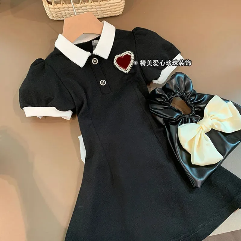 

2024 Summer New retro Girls Dress Cotton polo Teenager big lace bow button heart pearl Clothes Toddler princess dresses 12 year