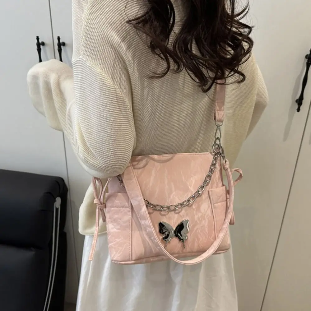 

Butterfly Decor Silver Butterfly Handbags Pearls Chain Metal Chain Drawstring Shoulder Bag Large Capacity Korean Style