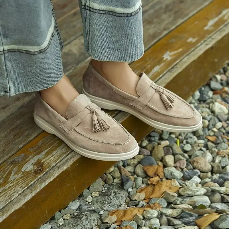 

Spring Loafers Woman Tassels Shoes Lady Casual Walk Shoes Sheepsuede Leather Round Toe Women Flat Shoes Slip-On Brand Loafers