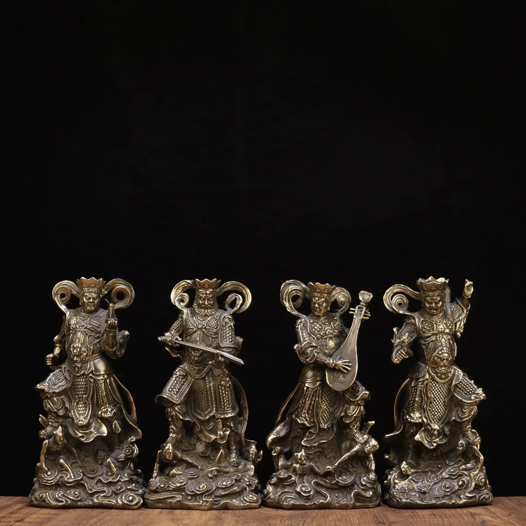 

7"Tibetan Temple Collection Old Brass Four Heavenly Kings Gods Immortals Vajra Protector God Buddha Worship Hall Town house