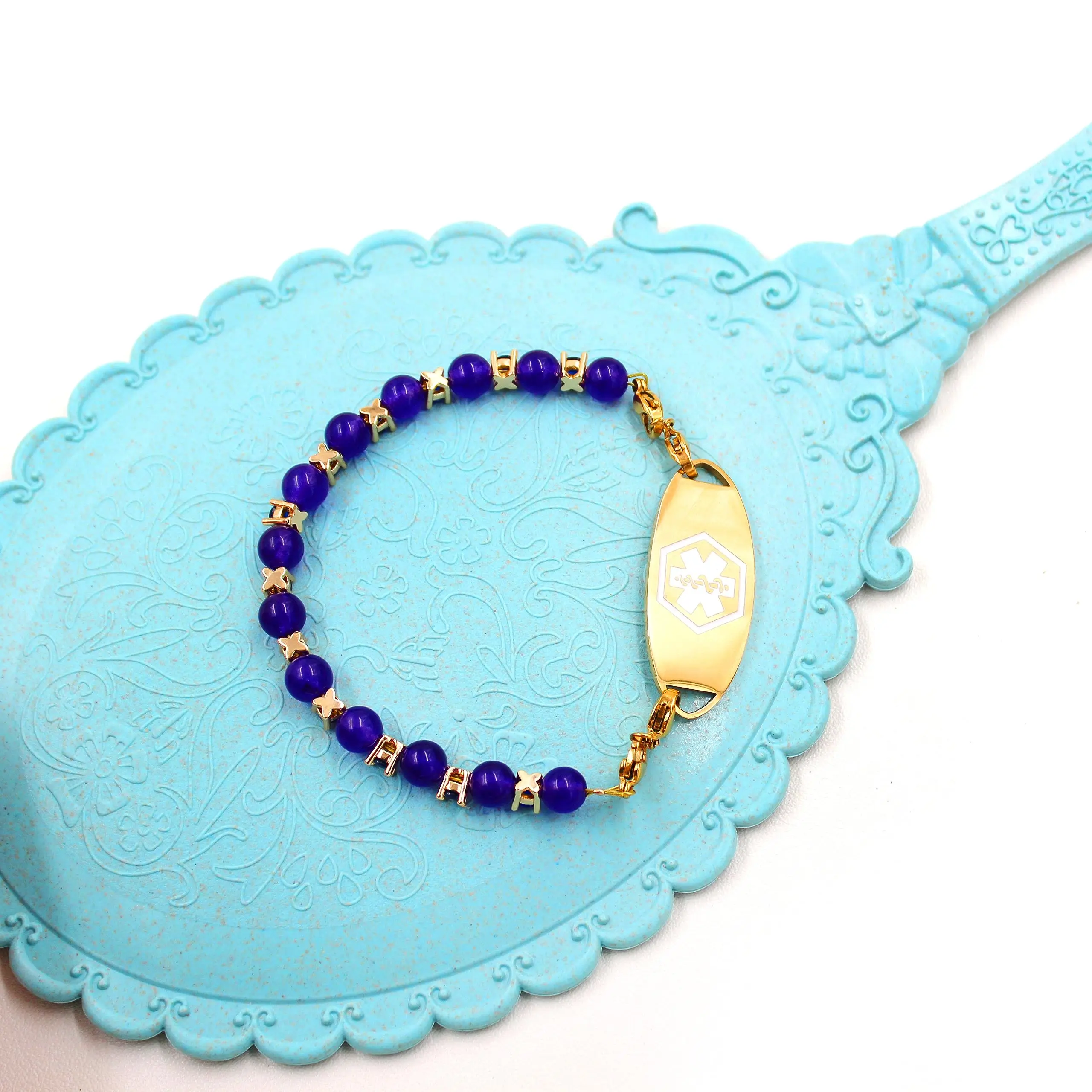 Uloveido Personalisiertes medizinisches Alarm-ID-Armband mit Geburtsstein, lila Achat und Zirkonia-Perlenarmbändern für Damen Y3909