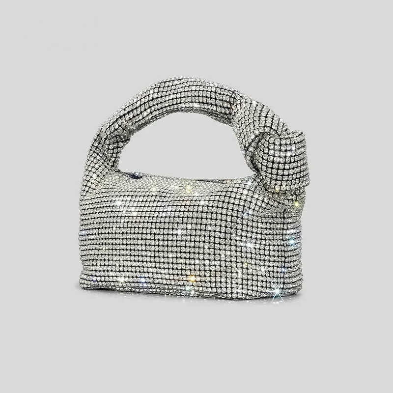 Bolsos de noche con nudo de diamantes de imitación para mujer, bolso de mano con asa superior de cristal plateado, monederos y bolsos de diseñador de lujo