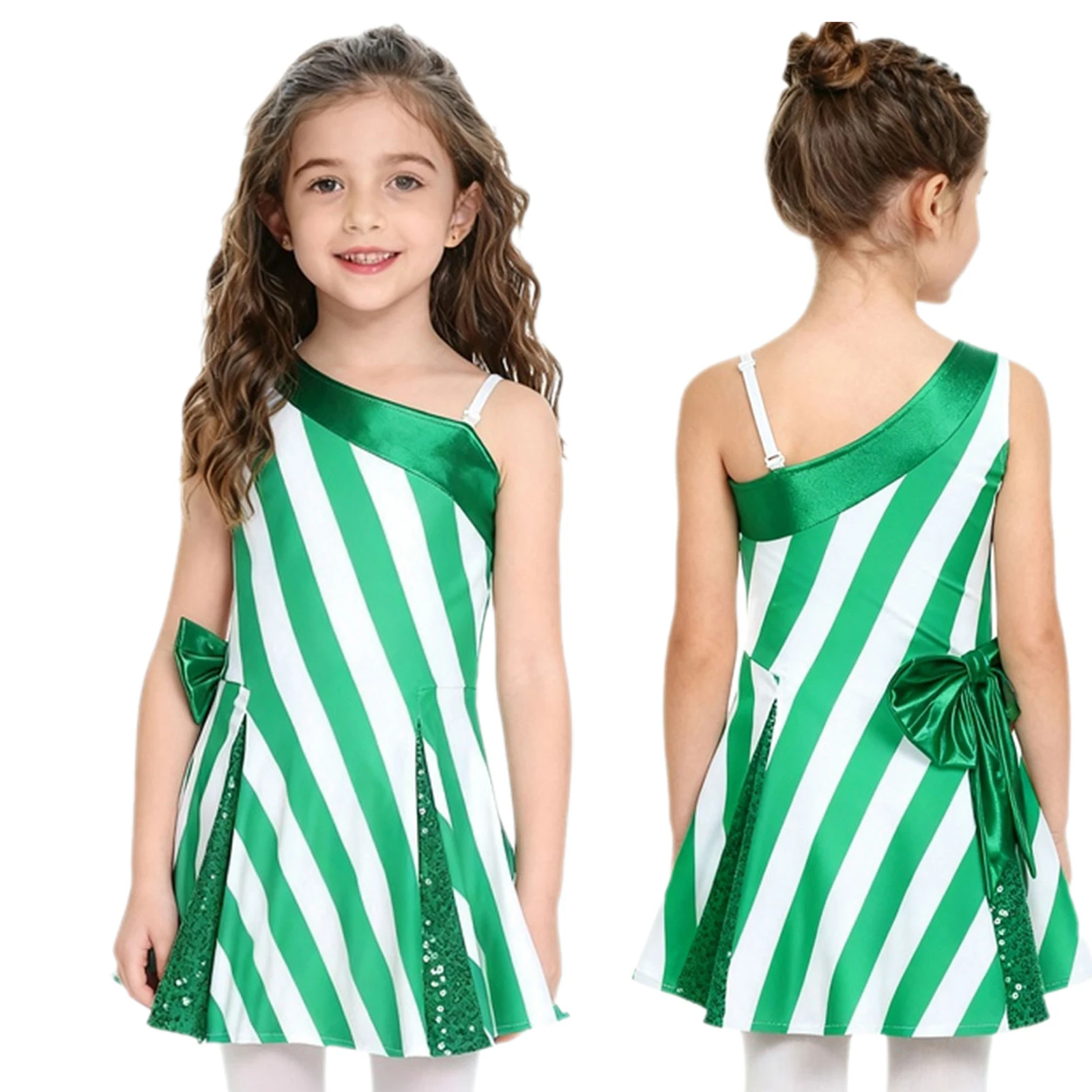 الفتيات عيد الميلاد مخطط قصب الحلوى الباليه الرقص توتو فستان واحد الكتف الترتر التزلج الجمباز فستان لقضاء عطلة عيد الميلاد الطرف