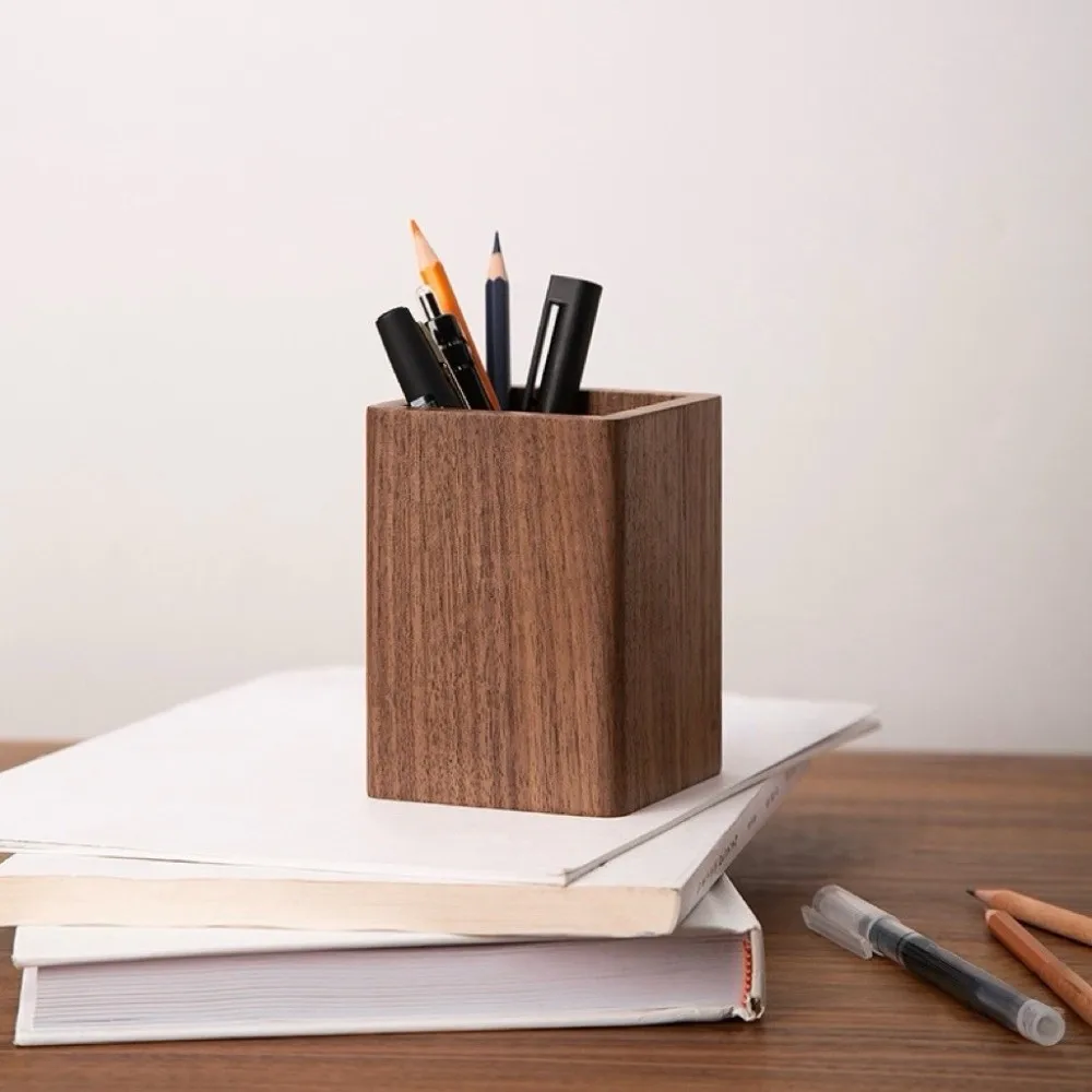 Beech Walnut Wood Brush Pot Simple Smooth Hickory Wood Pen Holder Multi-Purpose Desktop Storage Makeup Brush Organizer