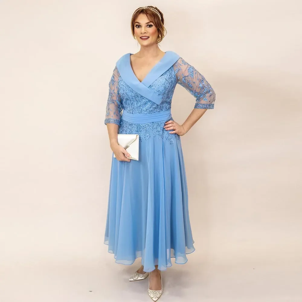 

Elegant Light Sky Blue Mother Of Bride Dresses With Three-quarter Sleeves V Neck Ankle-Length Chiffon Wedding Guest Dress