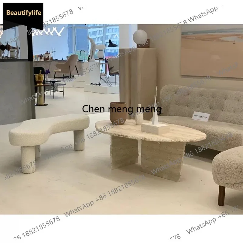 

C85 "Nordic Luxury Coffee Table - Cracked Travertine Top with Marble Base, Custom Small Space Living Room Centerpiece"