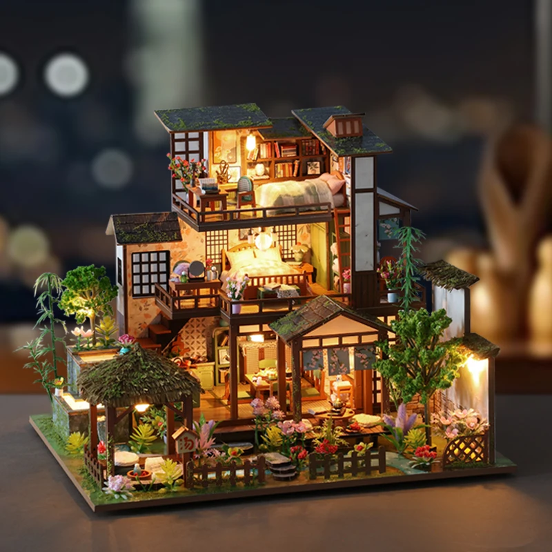 NEW DIY Wooden Miniature Model Kit Bamboo Spring Courtyard Construction Casa 3D Puzzle Dollhouse Home Decor for Friends Gifts