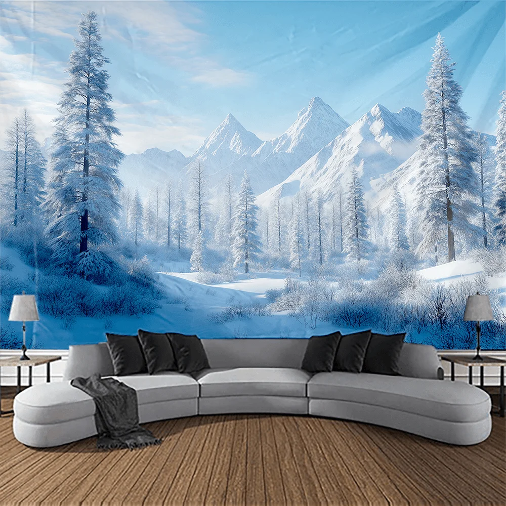 1pc Tranquil Winter Wonderland Pine Forest Wall Tapestry - Snow-Covered Mountains & Evergreen Pines Landscape, Soft & Horizontal