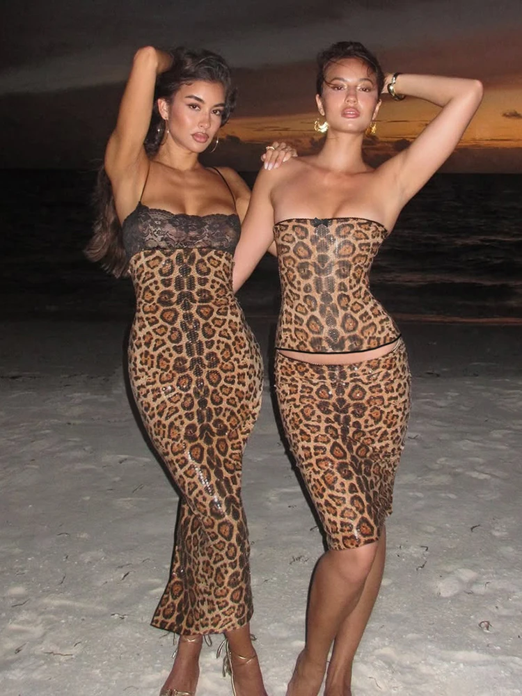 

Nibber Лоскутный комплект из 2 предметов с блестками, женский топ с леопардовым принтом и открытой спиной, без бретелек + узкие персиковые юбки до бедра, сексуальные модные наряды