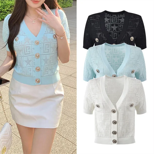

High-End Parisian Luxury Knitted Cardigan Gold Bule Star Embroidery V-Ne ort Sve Thin Faion Versatile Women's Top