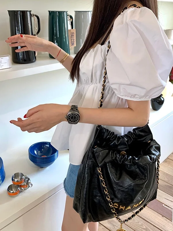 Csa e de manga de burbuja para mujer, cuello cuad, p recogido, adeazante, exposición trasera, borde de en...