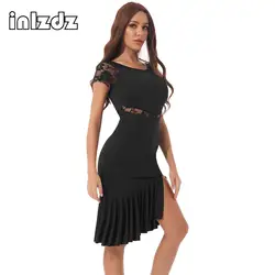 Latin Dance Dress Women Floral Lace Sides Split Swing Dress Ballroom Jazz Latin Rumba Tango Dancewear Professional Costumes