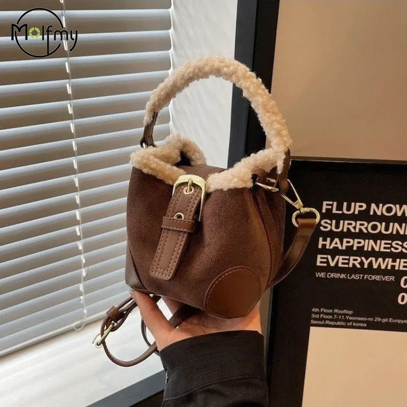 Frauen Taschen Eimer Schulter Handtasche Herbst Winter Vintage Vielseitige Lamm Wolle Handtasche Elegante Mode Umhängetasche Großhandel