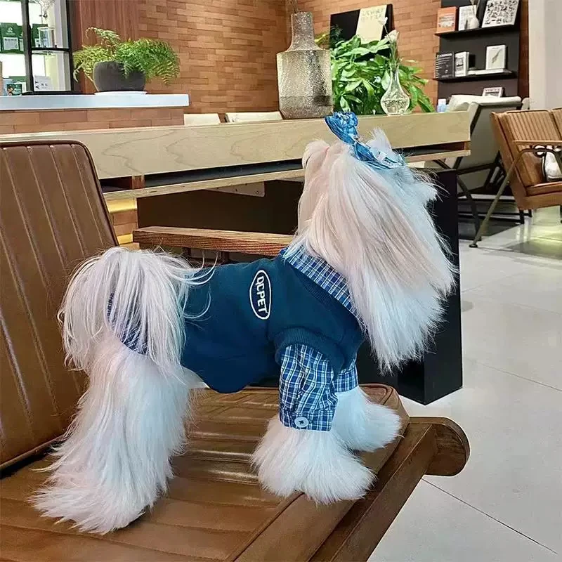 Pet Dog Cat Hoodie Ins Style Plaid Fake Two Piece Fleece Winter Warm Clothes for Small Dogs Schnauzer Bichon Shih Tzu Maltese