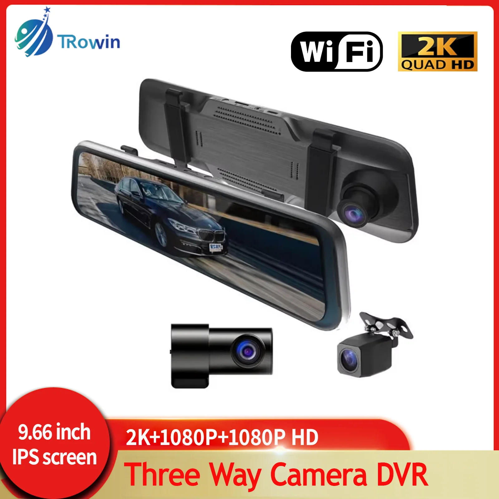 3Channel WiFi Dash Cam Car Mirror Dvr HD 2K Touch Screen Dash Board Camera Front Inside Rear 170 Degree Wide Angle Reverse Image