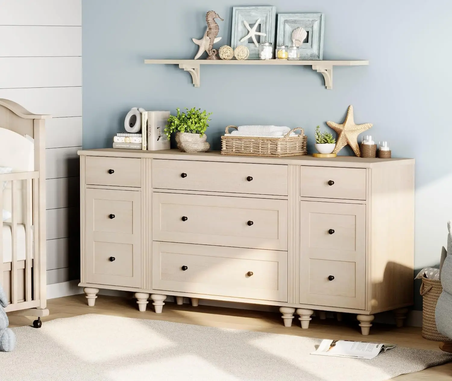 

Dresser for Kids Bedroom with 5 Drawers and 2 Storage Cabinet, Nightstands with Charging Station, Mid Century, Customized