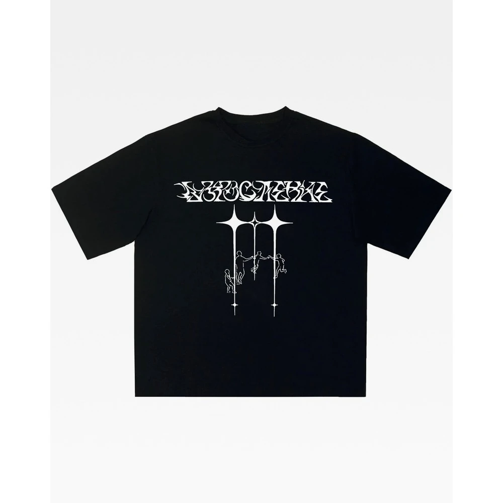 Men Women Gothic Script Four Point Star Hanging Human Graphic T-Shirt Vintage Y2K Grunge Streetwear Loose Casual Tee Top