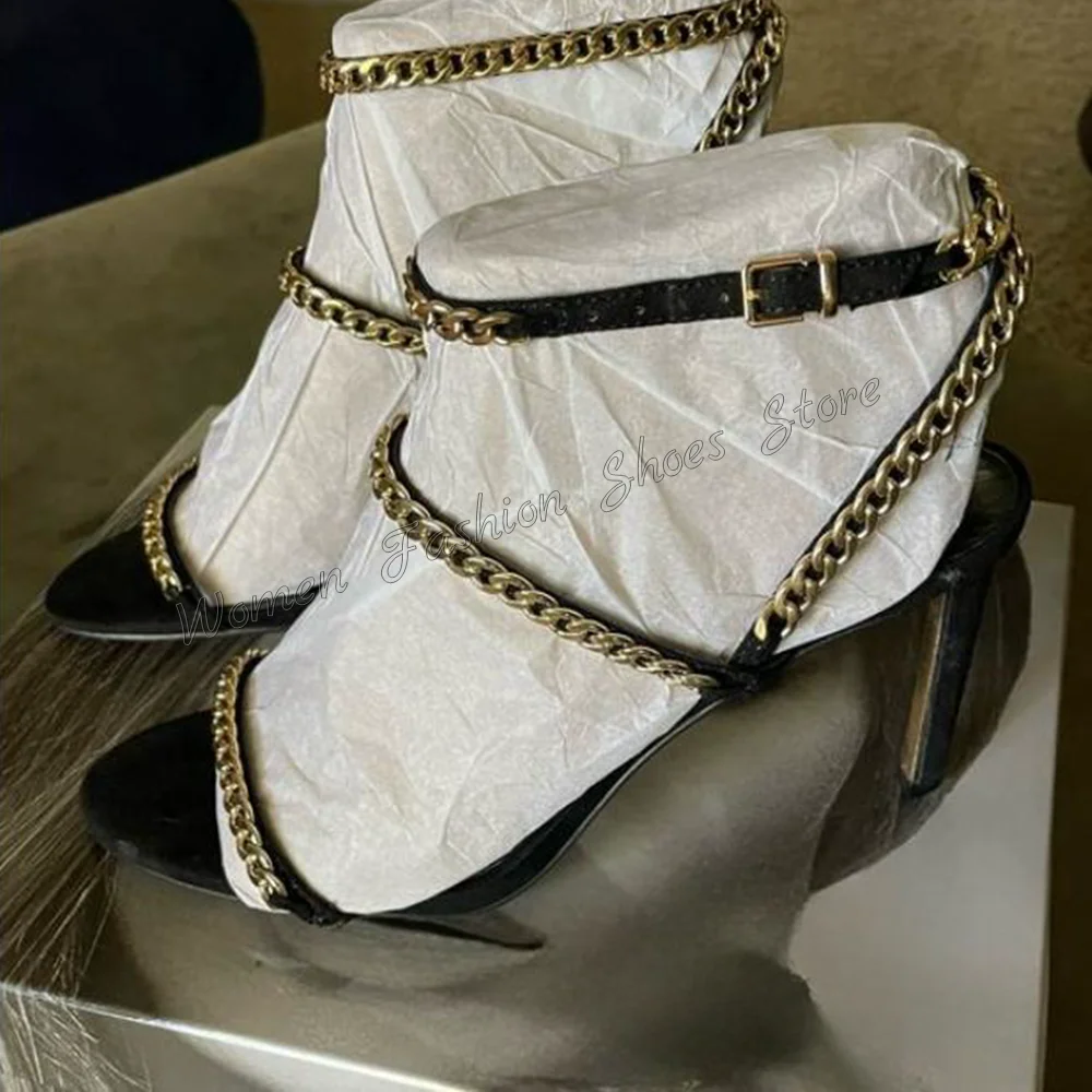 

Black Chain Decor Ankle Strap Sandals Stilettos High Heels Round Toe High Heel Shoes for Women Heels 2024 New Zapatos Para Mujer