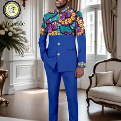 African Clothes for Men Slim Fit Embroidery Single Breasted Full Sleeve Printed Blazer and Pants Set Formal Outfits 2416078