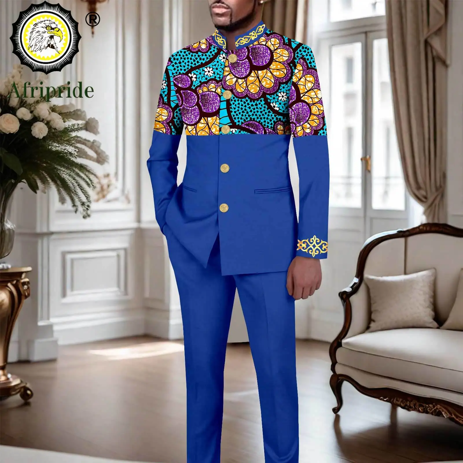 African Clothes for Men Slim Fit Embroidery Single Breasted Full Sleeve Printed Blazer and Pants Set Formal Outfits 2416078