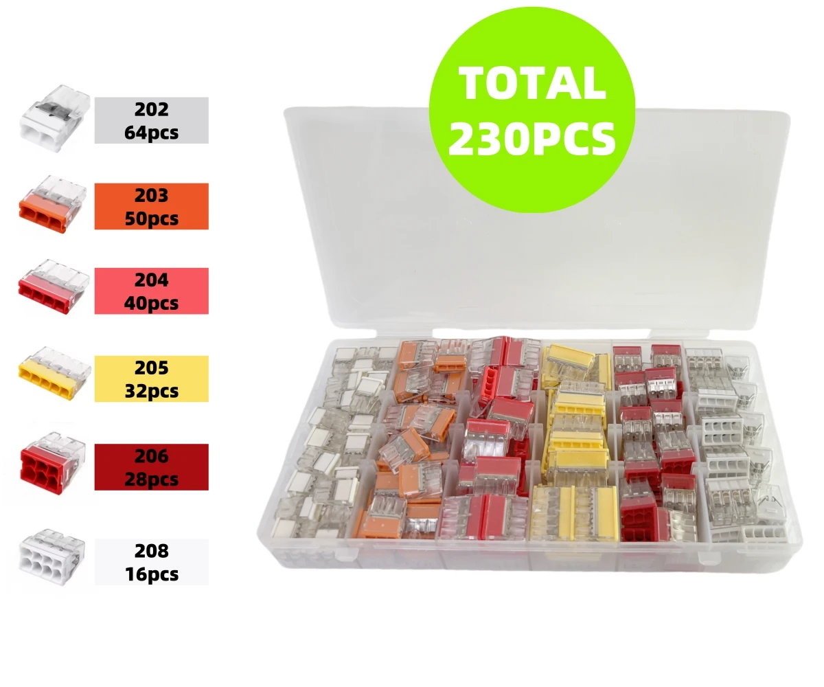 230Pcs Box Quick Wire Connectors 2/3/4/5/6/8 Ports Terminal Block Hard Stainless Easy Electric Quick Push-In Light House Wiring