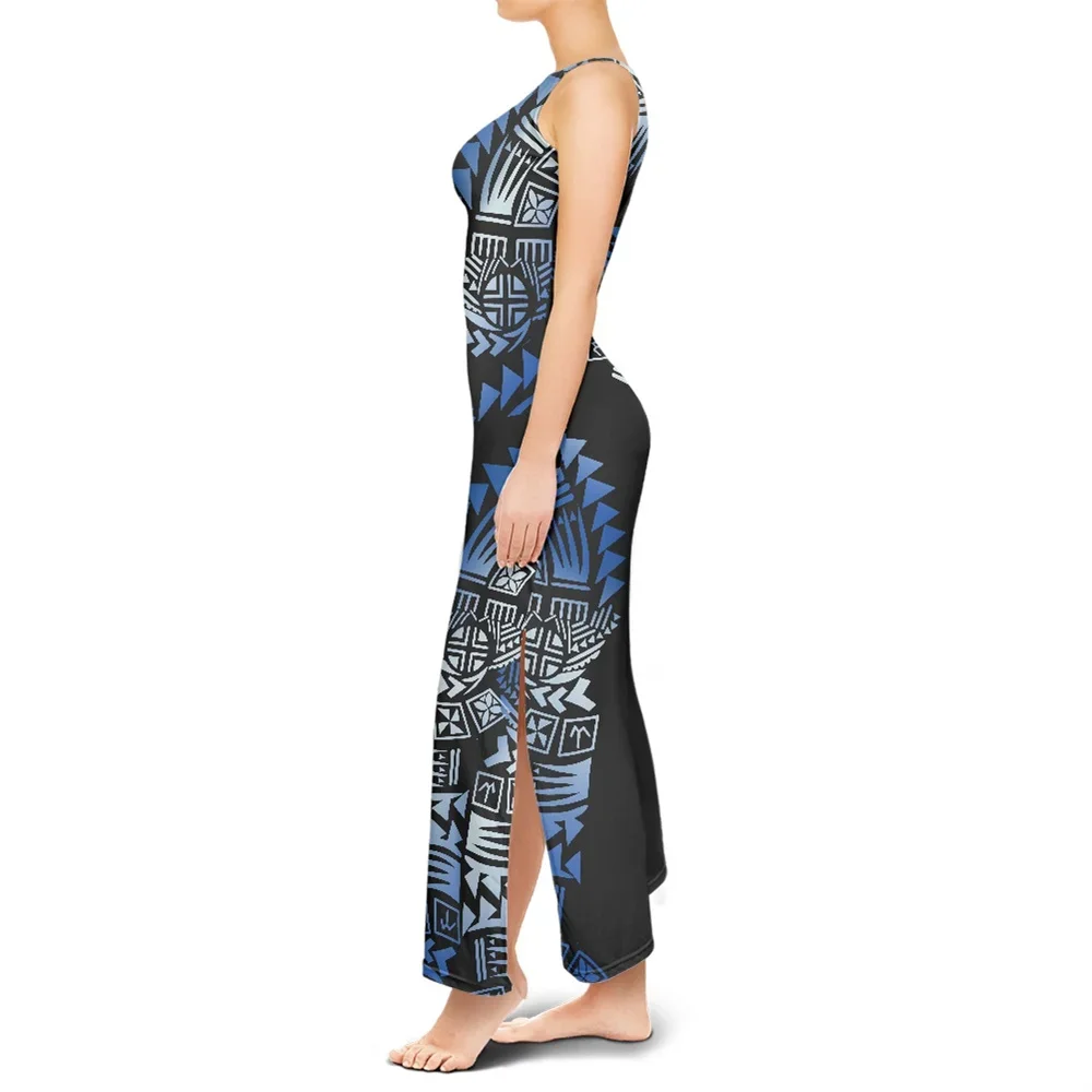 Summer Women Casual Islander Polynesian Tribal Clothing Tongan Fijian Tapa Print Bodycon Tank Sleeveless Slit Dresses For Ladies