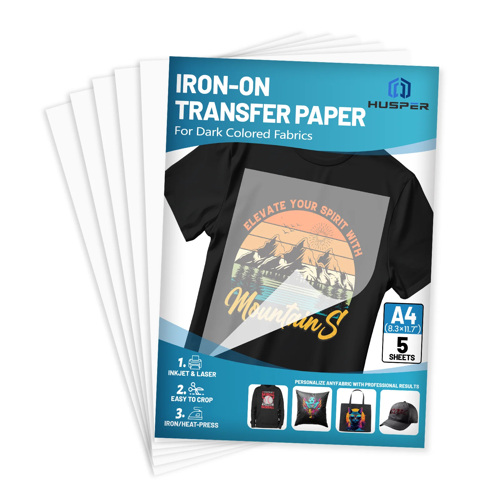 5 Sheets A4 Size Iron-On Heat Transfer Paper for Dark Fabrics, 8.3×11.7