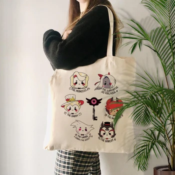 女性用アニメ柄トートバッグ,再利用可能なショッピングバッグ,キャンバスショルダーバッグ,旅行,毎日の通勤,ホテルの悪魔のゴミ箱,1個